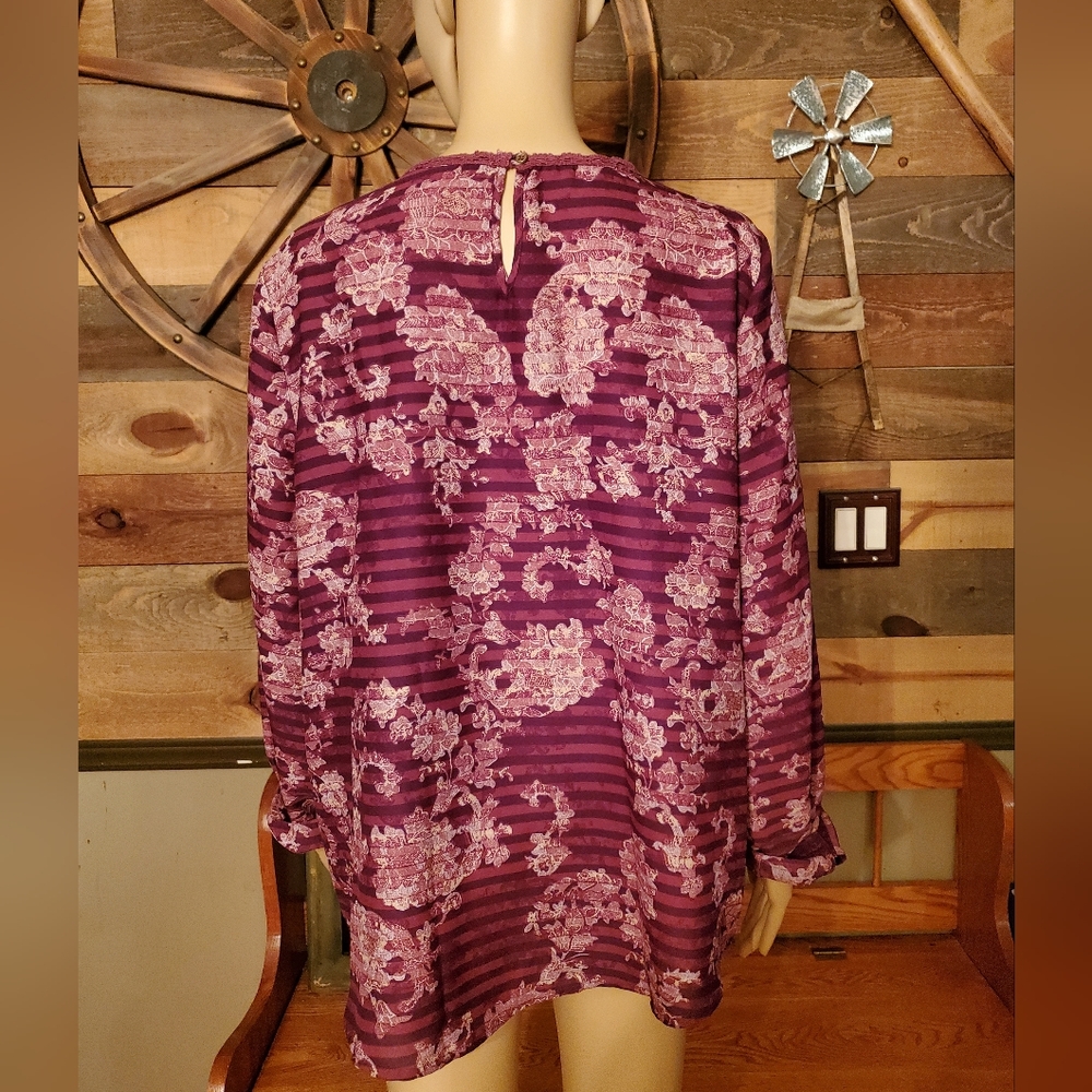 American Vintage Purple Floral/Stripes Lace Long Sleeve Blouse - Picture 5 of 10